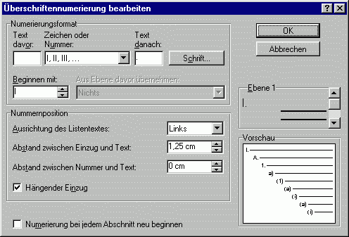 Word-Dialog Überschriftennumerierung bearbeiten